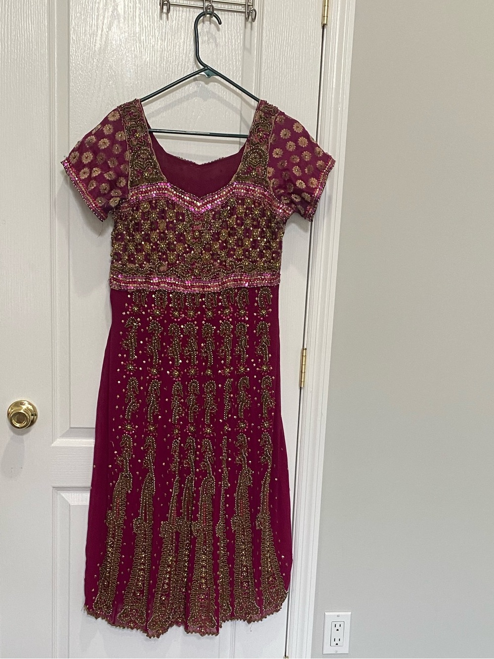 Beaded Maroon Midi Dress with Gold Embellishment